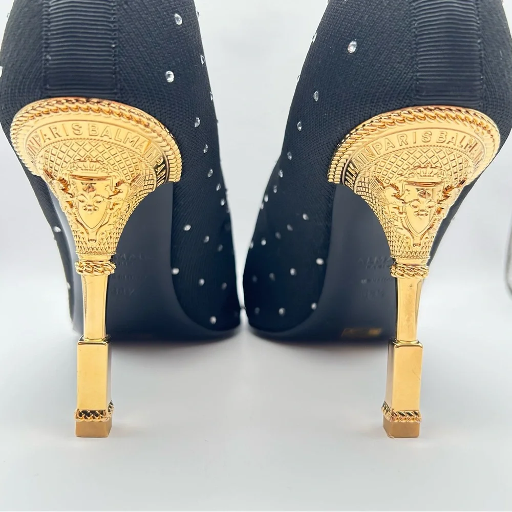 Balmain Black and Gold Moneta Rhinestone Knit Ankle Boots - Picture 3 of 11